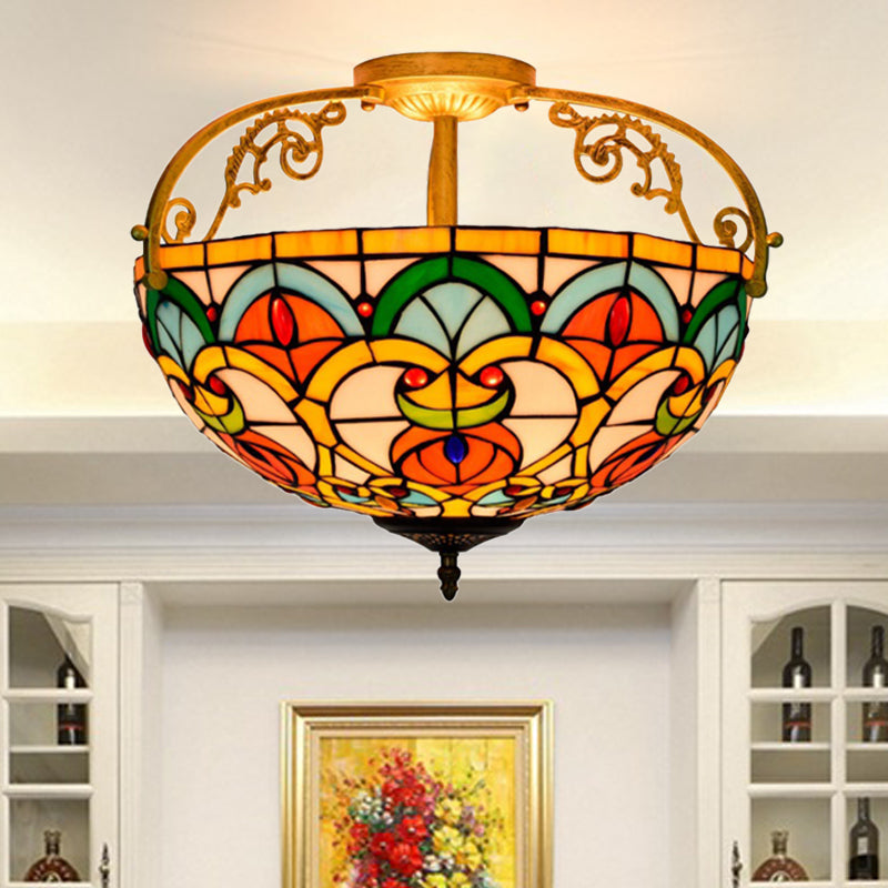 Mediterranean Orange Domed Cut Glass Ceiling Light Fixture With 3 Semi - Flush Lights