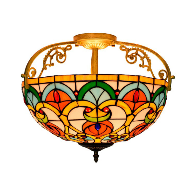Mediterranean Orange Domed Cut Glass Ceiling Light Fixture With 3 Semi - Flush Lights