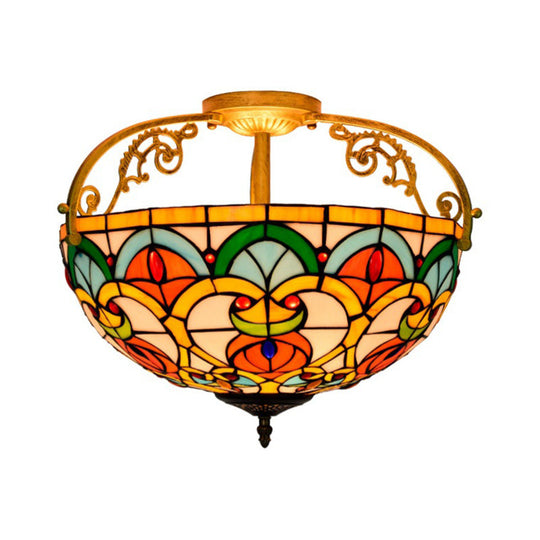 Mediterranean Orange Domed Cut Glass Ceiling Light Fixture With 3 Semi - Flush Lights