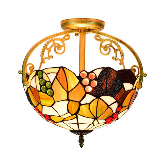 Tiffany Cut Glass Semi - Flush Ceiling Light With Brass Finish For Bedrooms - 2/3 Lights