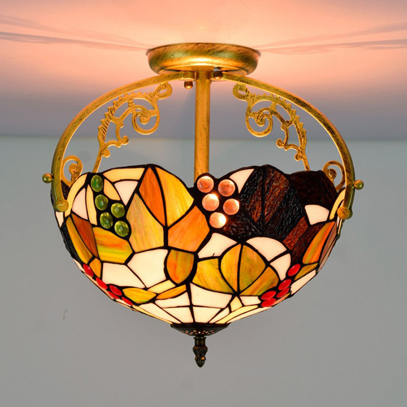 Tiffany Cut Glass Semi - Flush Ceiling Light With Brass Finish For Bedrooms - 2/3 Lights