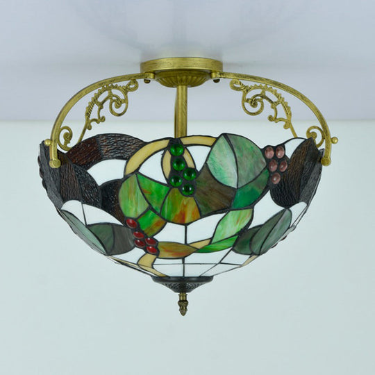 Tiffany Cut Glass Semi - Flush Ceiling Light With Brass Finish For Bedrooms - 2/3 Lights