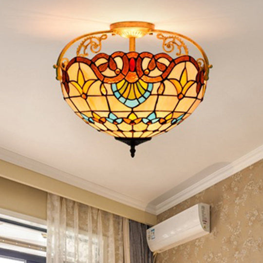 Tiffany Semi - Flush Kitchen Ceiling Light - 3 - Light Fixture With Stained Glass Bowl Shade