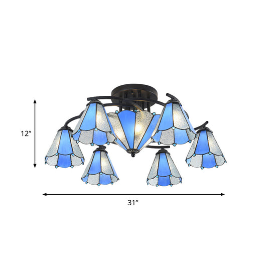 Blue And White Glass Semi - Flush Conical Ceiling Light With 9/11 Lights - Black Lighting Fixture