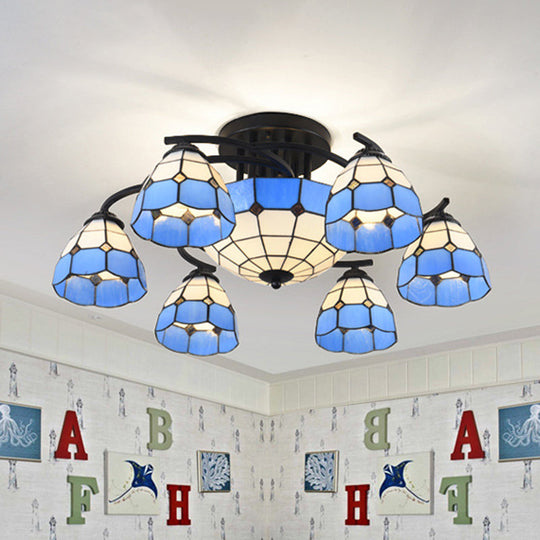 Blue And White Glass Semi - Flush Conical Ceiling Light With 9/11 Lights - Black Lighting Fixture