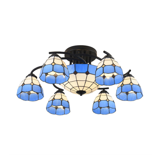 Blue And White Glass Semi - Flush Conical Ceiling Light With 9/11 Lights - Black Lighting Fixture