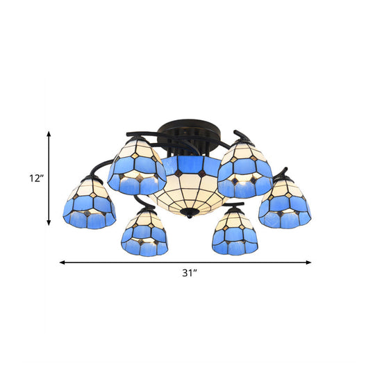Blue And White Glass Semi - Flush Conical Ceiling Light With 9/11 Lights - Black Lighting Fixture