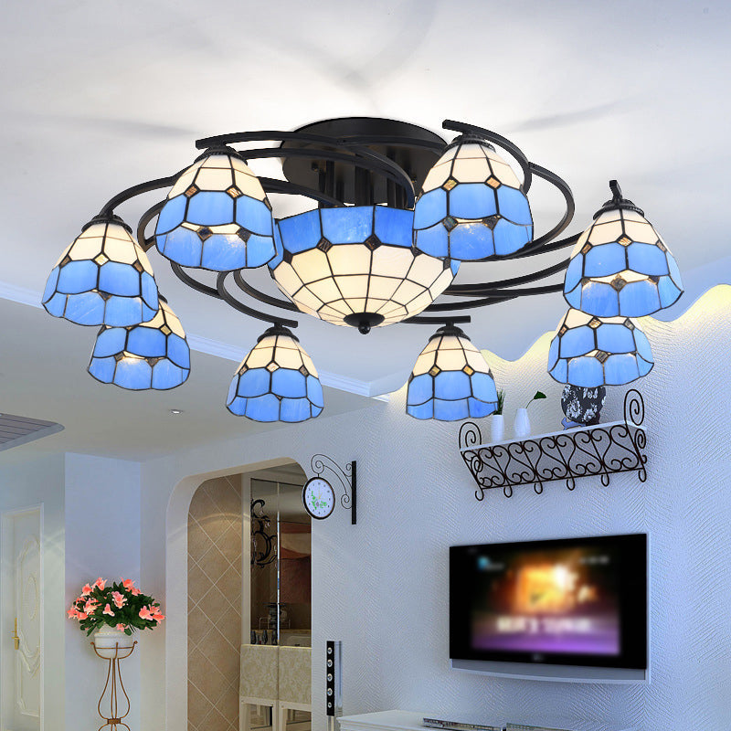 Blue And White Glass Semi - Flush Conical Ceiling Light With 9/11 Lights - Black Lighting Fixture