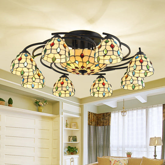 Tiffany Beaded Semi Flush Light - Beige Glass Ceiling Mounted Fixture For Bedroom (9/11 Lights) 11 /