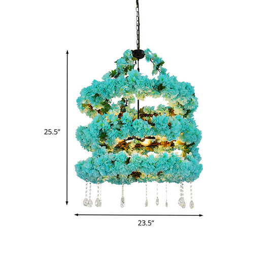 Blue Vintage Metal Flower Chandelier With Crystal Accent And Led Suspension Pendant
