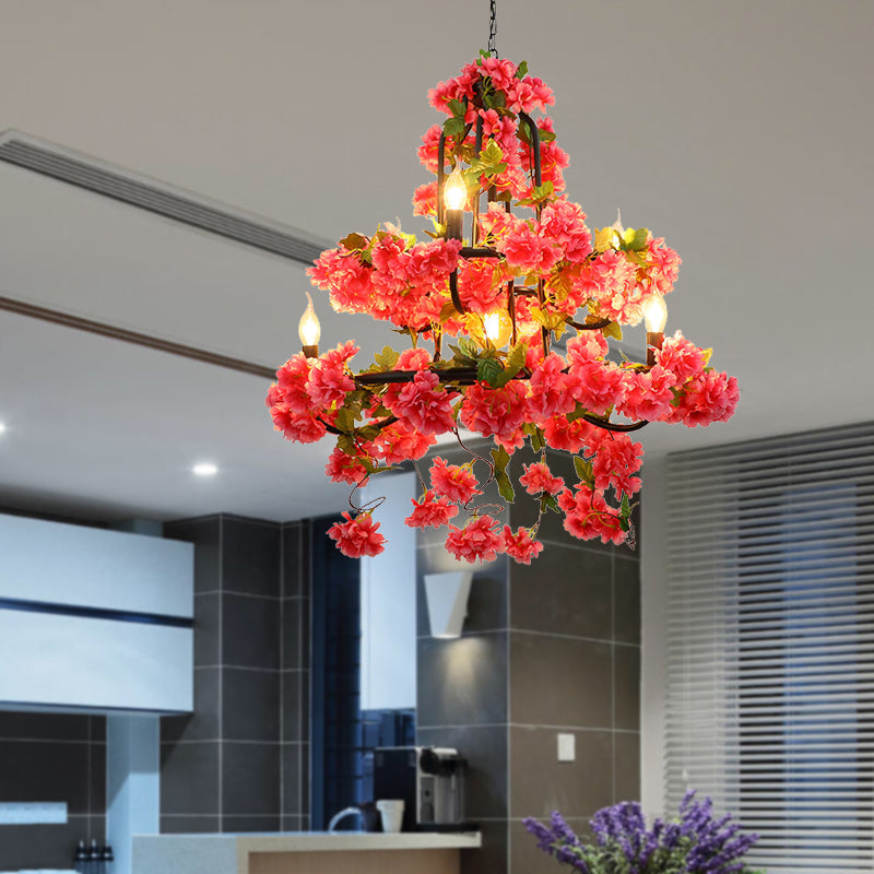 Vintage Metal Chandelier Lighting - Cherry Blossom Restaurant | 7 Lights Rose Red Led Suspension