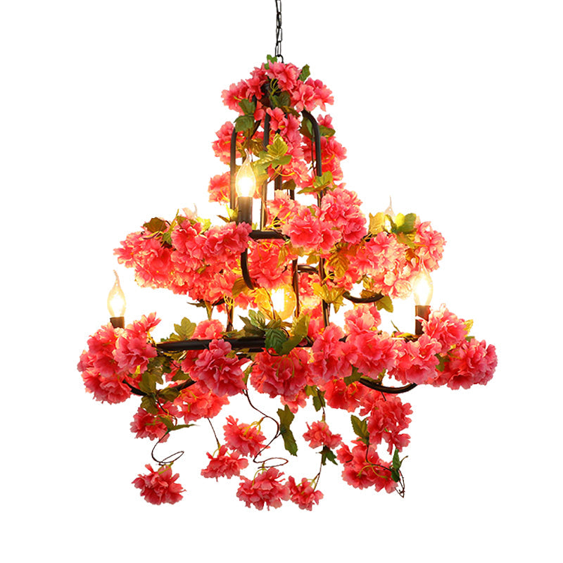 Vintage Metal Chandelier Lighting - Cherry Blossom Restaurant | 7 Lights Rose Red Led Suspension