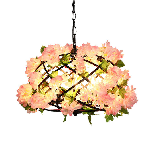 Industrial Metal Led Chandelier Light With 3 Bulbs In Pink Cherry Blossom Design