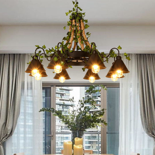 Industrial Cone Ceiling Chandelier: 8-Bulb Hemp Rope Led Pendant Light In Black With Plant-Styled