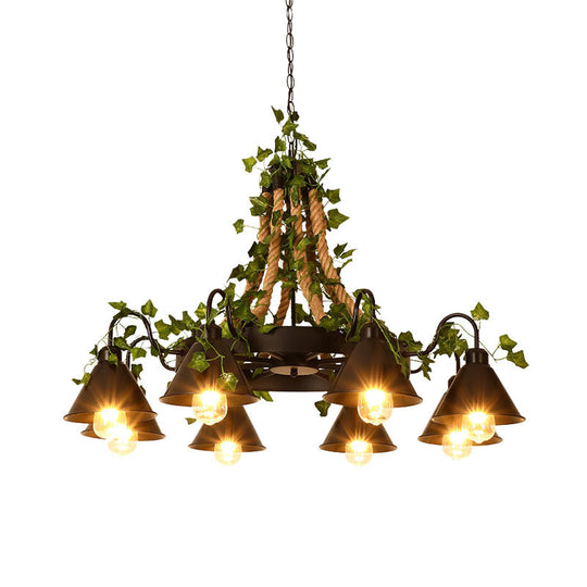Industrial Cone Ceiling Chandelier - Hemp Rope Led Hanging Light Fixture 8 Bulbs Black With Plant