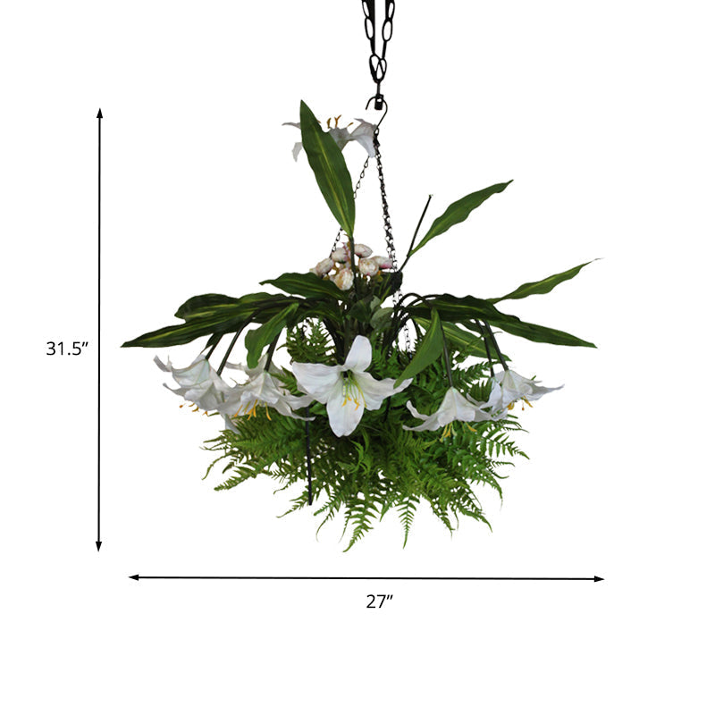 Metal Pendant Chandelier With 12 Green Lily Heads - Industrial Style Led Down Lighting For