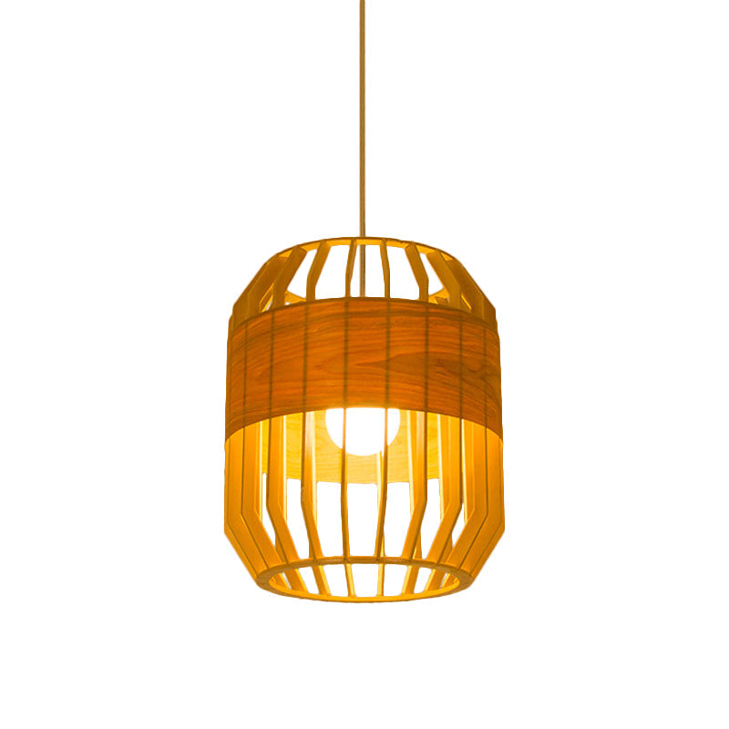 Japanese Laser Cut Hanging Light Wood Pendant With 1 Bulb In Beige - Ideal For Restaurants
