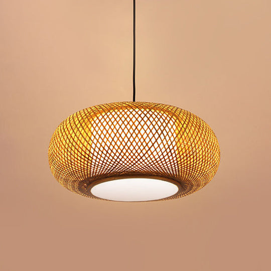Curved Bamboo Pendant Lamp - Asian Style Ceiling Light 1 Bulb Beige 16/19.5 Wide