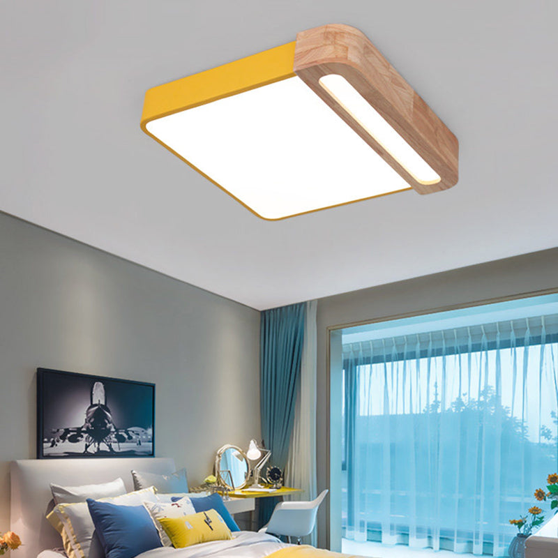 Nordic Square Acrylic Flush Light 12/16 Led Surface Ceiling Lamp In Grey/White/Red With Wood Guard -
