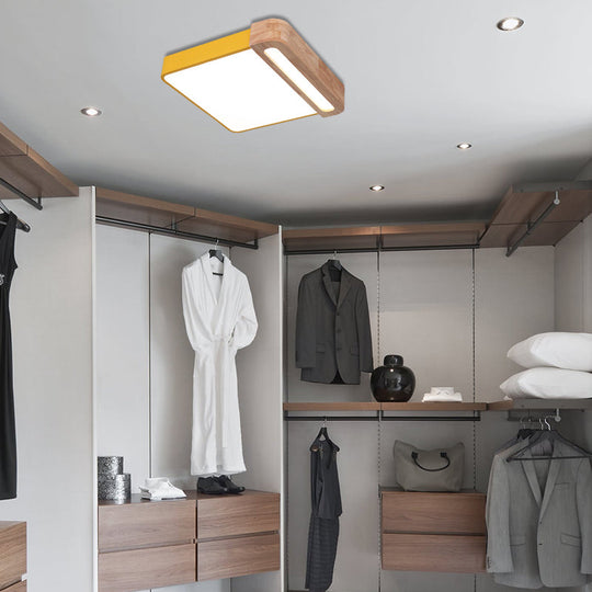 Nordic Square Acrylic Flush Light 12/16 Led Surface Ceiling Lamp In Grey/White/Red With Wood Guard -