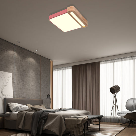 Nordic Square Acrylic Flush Light 12’/16’ Led Surface Ceiling Lamp In Grey/White/Red With Wood