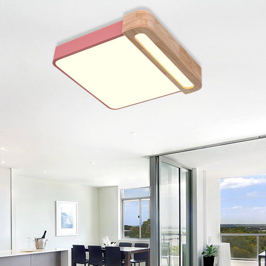 Nordic Square Acrylic Flush Light 12/16 Led Surface Ceiling Lamp In Grey/White/Red With Wood Guard -