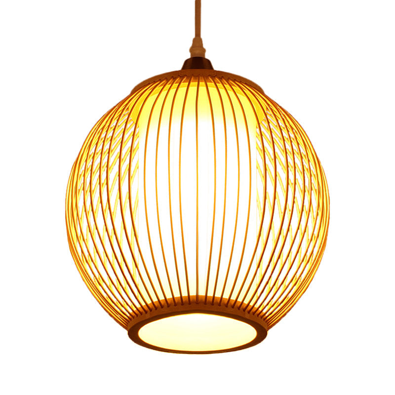 Chinese Bamboo Lantern Pendant Light With Beige Shade For Ceiling
