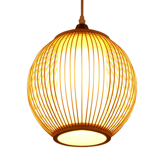 Chinese Bamboo Lantern Pendant Light With Beige Shade For Ceiling