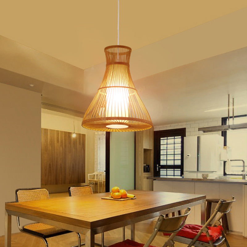 Flared Beige Ceiling Lamp - Asian Style Bamboo Hanging Light Fixture With Parchment Inner Tube Shade