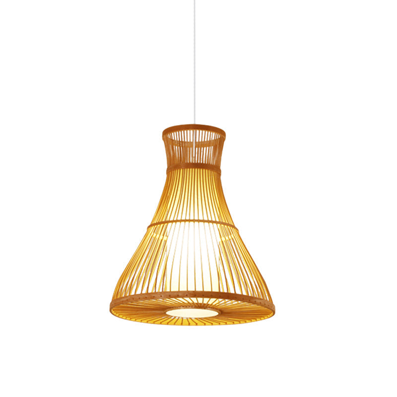Fashionable Beige Bamboo Ceiling Lamp - Asian Inspired Flared Design With Parchment Shade