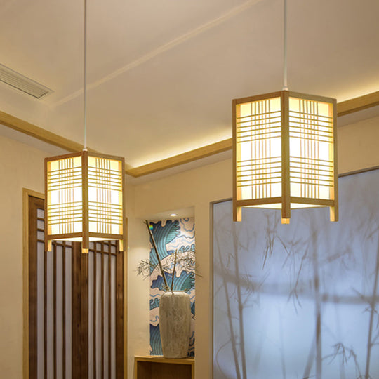 Rectangular Chinese Pendant Ceiling Light In Beige For Tearoom - Wood Finish 1-Bulb Hanging Design
