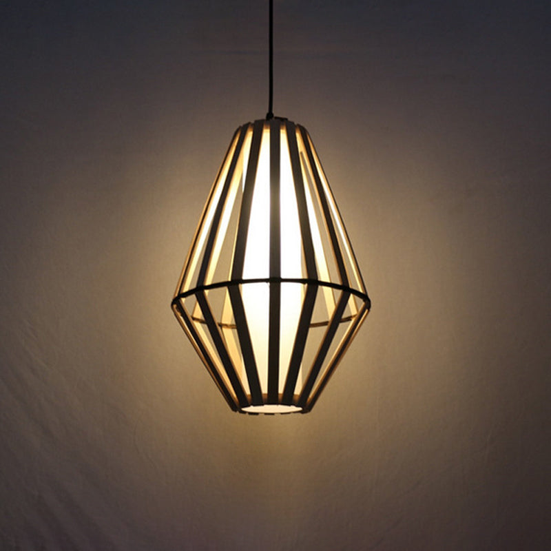 Asia Wood Cone Hanging Lamp - Brown Ceiling Pendant Light With White Parchment Inner Tube Shade