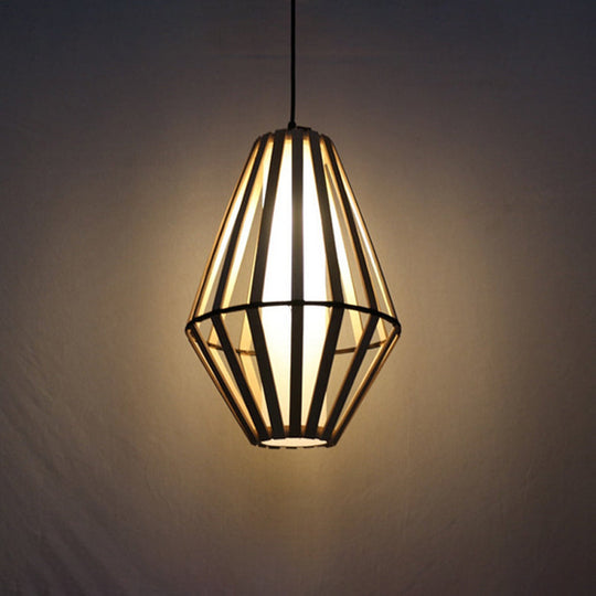 Asia Wood Cone Hanging Lamp - Brown Ceiling Pendant Light With White Parchment Inner Tube Shade
