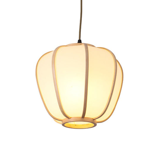 Asian Beige Hanging Pendant Light With Lantern Wood Shade For Restaurants