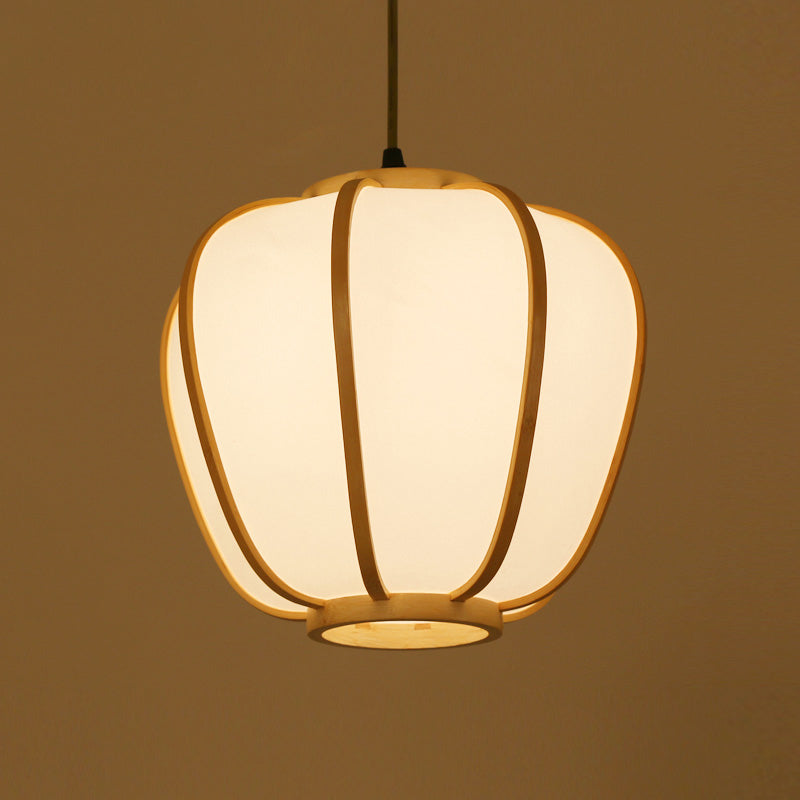 Asian Beige Hanging Pendant Light With Lantern Wood Shade For Restaurants