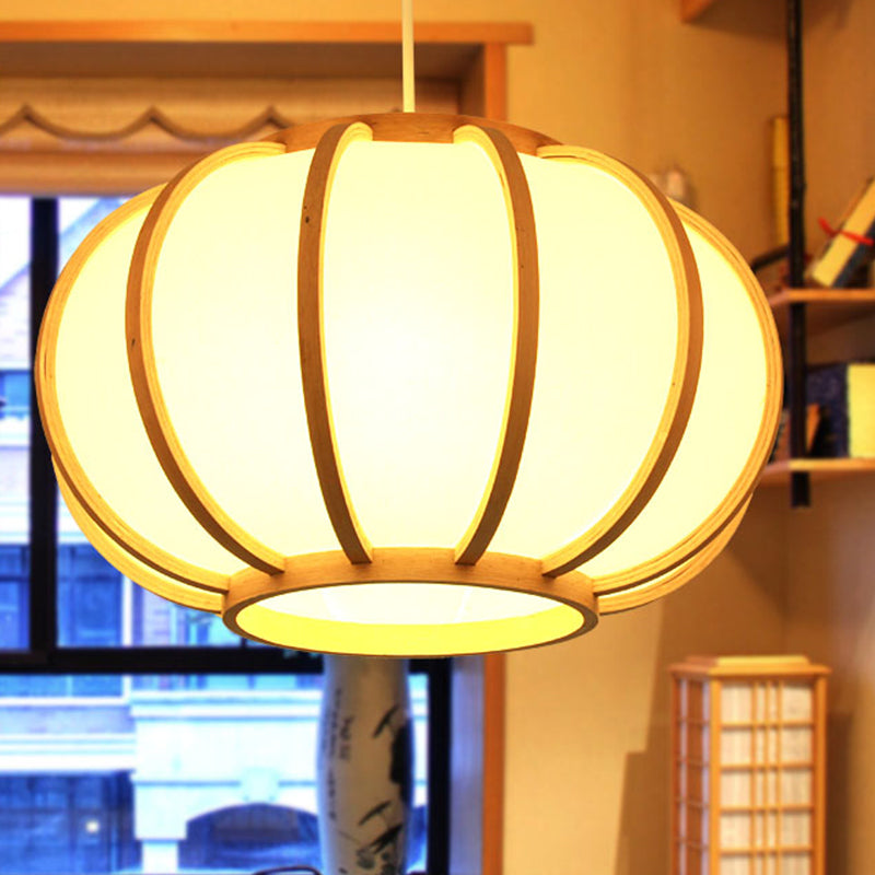 Japanese Style Wood Pumpkin Ceiling Light - Beige Suspended Fixture For Bedroom