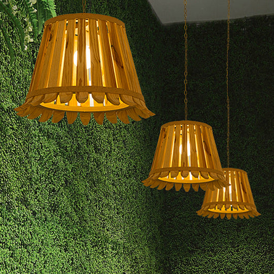 Japanese Wood Pendant Light With Trumpet Design - Beige Bedroom Lighting