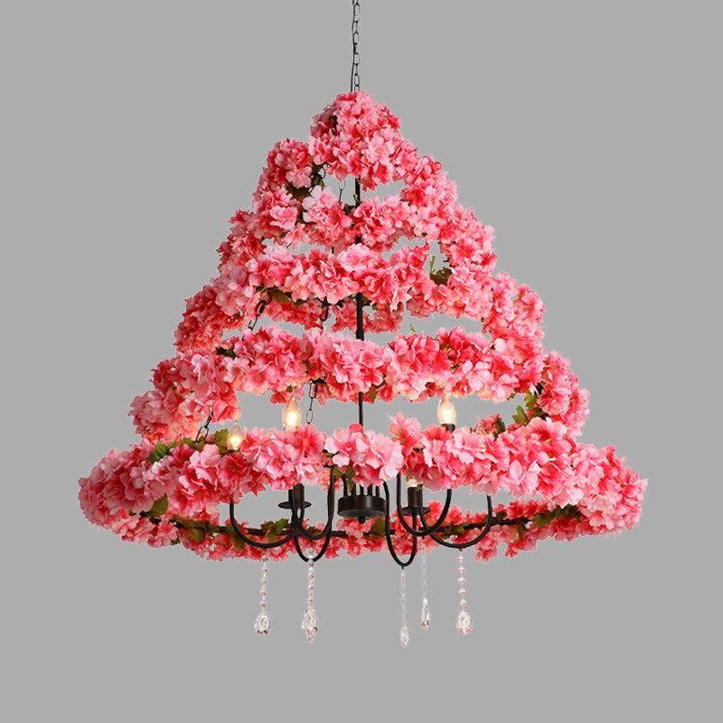 Cherry Blossom Chandelier: Industrial Metal 5-Bulb Pink Hanging Lamp With Crystal 31.5’/43’ Width