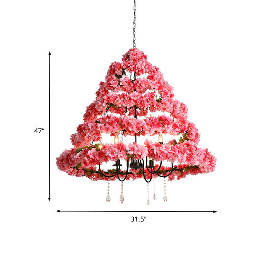 Cherry Blossom Chandelier: Industrial Metal 5-Bulb Pink Hanging Lamp With Crystal 31.5’/43’ Width
