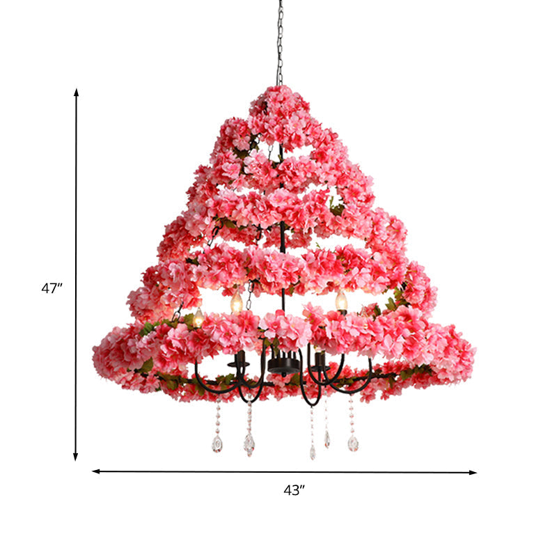 Cherry Blossom Chandelier: Industrial Metal 5-Bulb Pink Hanging Lamp With Crystal 31.5’/43’ Width