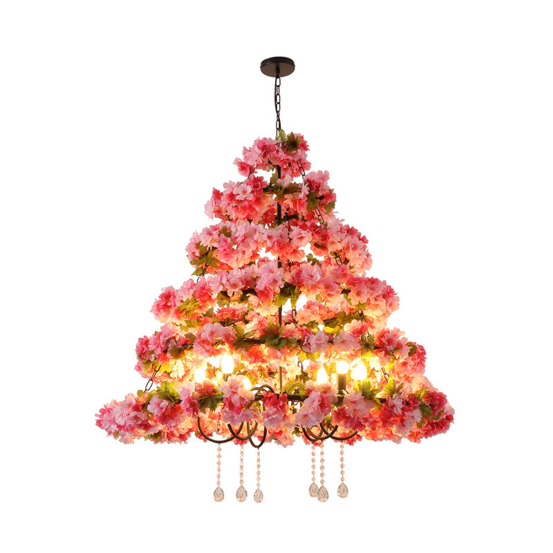 Retro Metal Black Chandelier With Crystal Draping And Cherry Blossom Design - 6 Light Led Ceiling