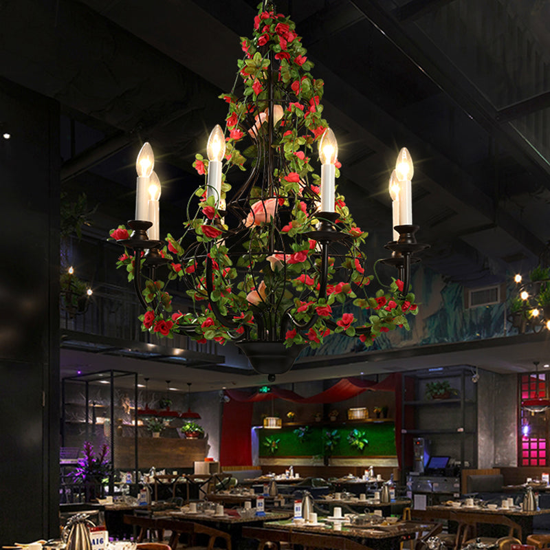 Industrial Metal Chandelier With 8 Led Lights For Restaurant - Black Finish Flower Decor