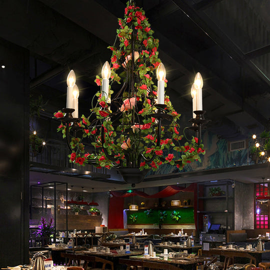 Industrial Metal Chandelier With 8 Led Lights For Restaurant - Black Finish Flower Decor