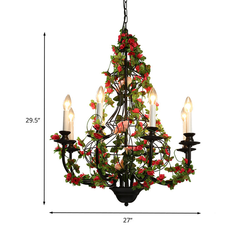 Industrial Metal Chandelier With 8 Led Lights For Restaurant - Black Finish Flower Decor
