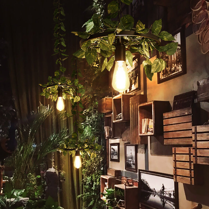 Industrial Metal Pendant Light With Green Plant Led - Perfect For Restaurants