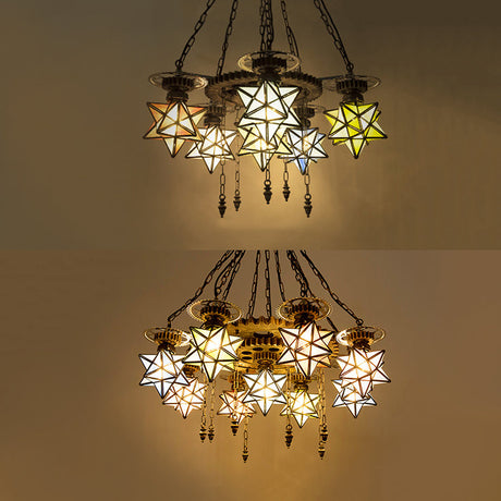 Rustic Stained Glass Pendant Chandelier With Gear Design - 6/9 Lights For Restaurant