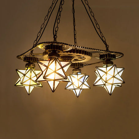 Rustic Tiffany Glass Pendant Chandelier - Multi Color Star Ceiling Light With Gear For Foyer 3/4