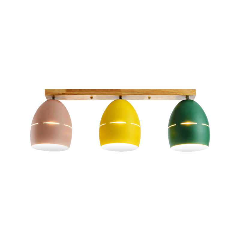 Nordic Wood Finish Linear Semi-Flushmount Light: 3 Lights And Oval Metal Shade