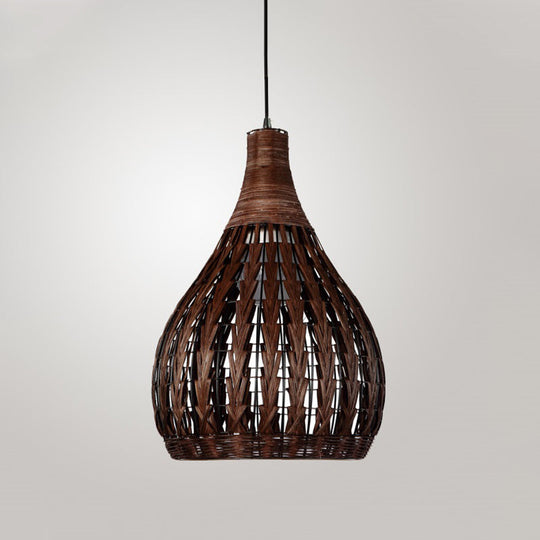 Asian Coffee Rattan Pendant Lamp With Jar Shade - Elegant Bedroom Ceiling Light