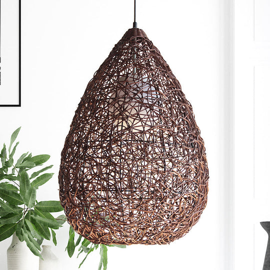 Chinese Single Bulb Hanging Light With Brown Pear Pendant And Rattan Shade - Elegant Lighting
